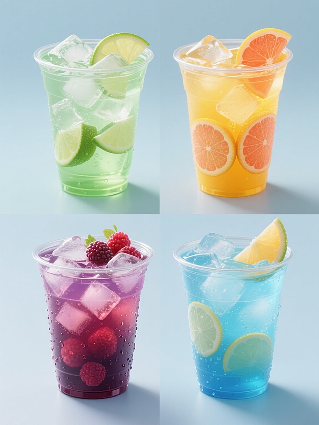 3D渲染的系列饮品素材集合，包含四款完全不同的冰镇饮料，每款均为透明塑料杯装，内有冰块和切片水果装饰，色彩分别为清新薄荷绿、活力橙黄、莓果紫红和热带蓝，杯壁带有水珠质感，背景为纯色，四款饮品规整排布成2x2网格，整体风格统一且细节丰富，光影效果突出立体感。