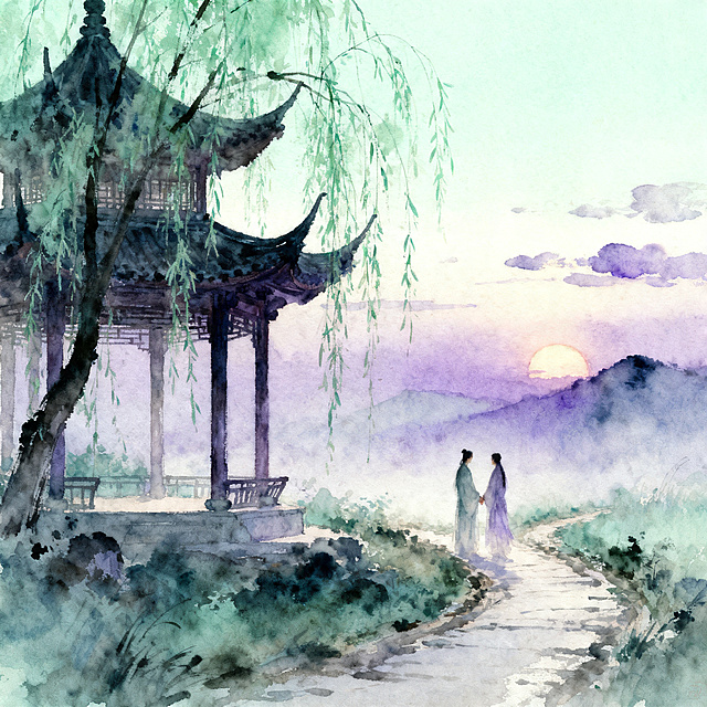 全景转近景：暮春黄昏，长亭古道，柳丝低垂，两人执手相望，身影朦胧，离愁满溢。包含长亭、垂柳、古道、暮色、远山、淡云，执手别离。中国水彩插画，淡雅水墨晕染，淡青浅紫色调，留白意境，古典国风，朦胧诗意，笔触柔和，文人画意境，低饱和度，水墨留白