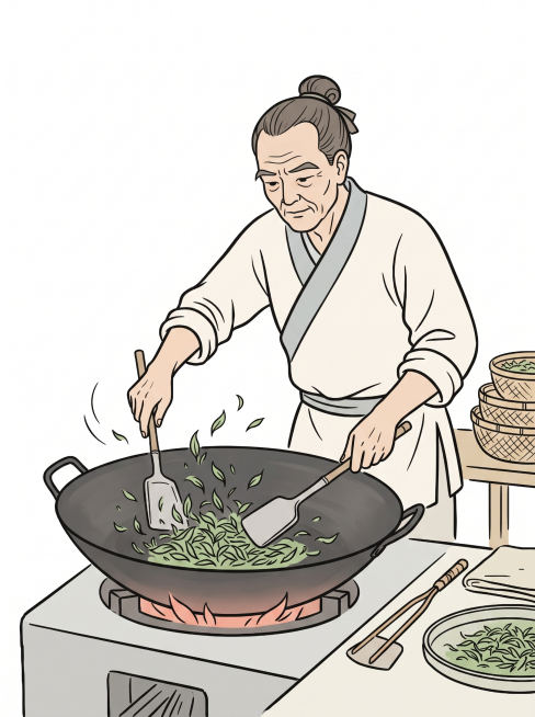 为摊青工序古法制茶线稿上色，保留新中式国风，茶叶嫩绿，竹簸箕浅原木色，人物衣服浅米白，整体色调清新淡雅，低饱和，白底，适合印刷排版预览效果