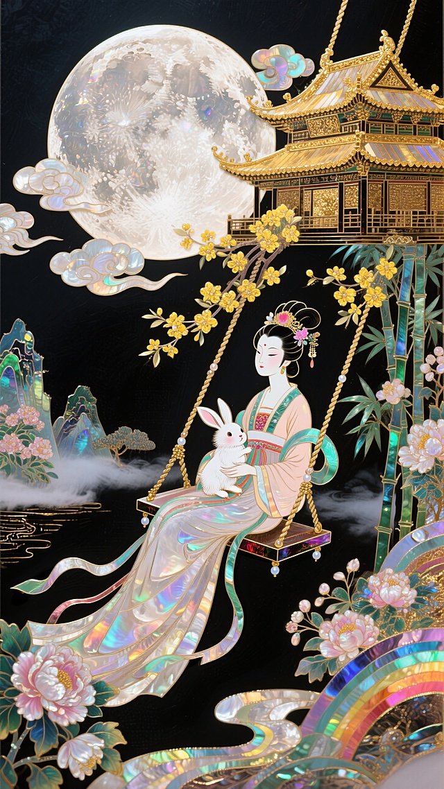 国潮，极繁主义，嫦娥怀抱玉兔坐在秋千上，她的身后是广寒宫，她们居住在一轮巨大圆月上，秋千绳索装饰有桂花，祥云流动环绕整个画面，背景含大量中国风花卉元素和山水，迷幻，意识流，黑色背景