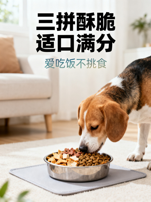 [主图 6] 网易天成犬粮狗狗进食生动场景图。
[氛围风格] 清新生动真实的居家进食场景风
[画质] 8K写实高清商业摄影，抓拍画面自然真实，食物酥脆质感、毛发细节清晰，整体色调统一清新，画面干净高级预览效果
