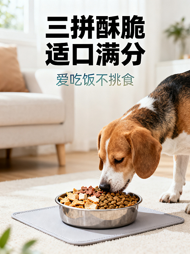 [主图 6] 网易天成犬粮狗狗进食生动场景图。
[氛围风格] 清新生动真实的居家进食场景风
[画质] 8K写实高清商业摄影，抓拍画面自然真实，食物酥脆质感、毛发细节清晰，整体色调统一清新，画面干净高级
[元素] 近距离实拍狗狗进食实景，宠物食盆装满三拼犬粮，狗狗低头进食动态瞬间，简约餐垫、浅色系居家背景，构图生动有代入感，文字与进食场景合理分区。商品主体占比合理，画面满屏无边框。
[光影] 柔和自然室内光线，抓拍动态瞬间清晰自然，食物质感突出，整体通透清新，光影层次自然。
[配色] 主色调浅色系清新居家风，色调统一干净，清新自然。
[视角构图] 近距离平视抓拍，狗狗进食为主体，景深适中突出动态瞬间，构图生动有代入感，上下分区合理。
[文字版式] 主文案"三拼酥脆 适口满分"居中放大粗黑，深色调；副文案"爱吃饭不挑食"下沉居中，字体轻量化浅色调；文字在上，场景在下分区合理，不遮挡主体，文字清晰易读。
[比例分辨率] 3:4 比例，2k 分辨率，文字清晰可辨，超高清画质
[负向提示词] 变形，水印，文字错乱，产品图模糊，背景杂乱，遮挡主体