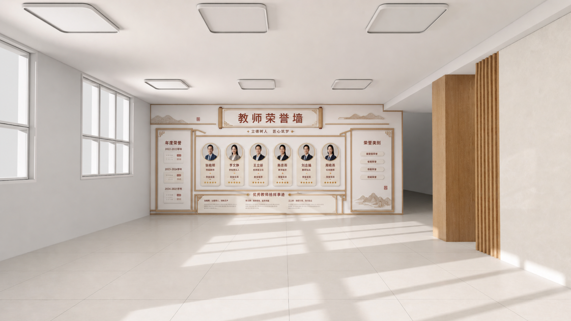 在这面空白墙上设计教师荣誉墙，保持和前四张图的新中式风格，简约大气耐看，使用原木色搭配白色和红色点缀，设计排版展示教师荣誉，保持整体风格与现有校园文化墙统一预览效果