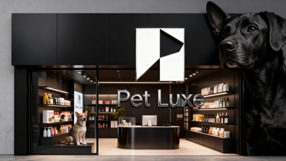 高端宠物店3D门头效果图，使用原Pet Luxe品牌LOGO，将字体改为更纤细的极细几何无衬线字体，保持金属暗黑质感风格，呈现高端感，门头内部陈列为宠物产品和服务预览效果