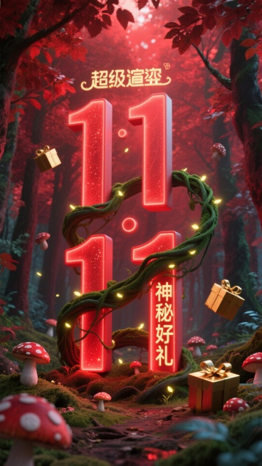 魔法森林中，发光的红色蘑菇和藤蔓缠绕成“11·11”的形状，萤火虫组成了金色的“神秘好礼”。背景是深邃的红色密林，漂浮着包裹在树叶中的礼盒，充满生机。预览效果