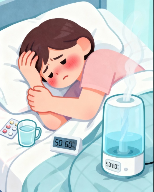 早上喝一杯温淡盐水，慢慢咽下去滋润喉咙；
室内加湿器调至50%-60%湿度；出门戴口罩，防风又挡灰尘，从根源减少痒感。预览效果
