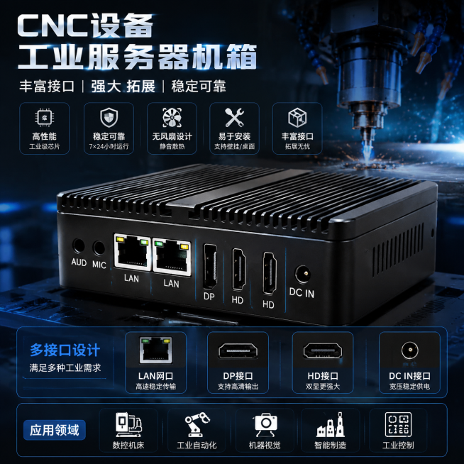 「图片1」，生成一套主图5张 详情页3张，商品名称是CNC设备工业服务器机箱，卖点是全铝合金散热机身 大面积鳍片散热 散热效率高 稳定运行  风格是高级科技风，适配1688平台，主图比例为1:1预览效果