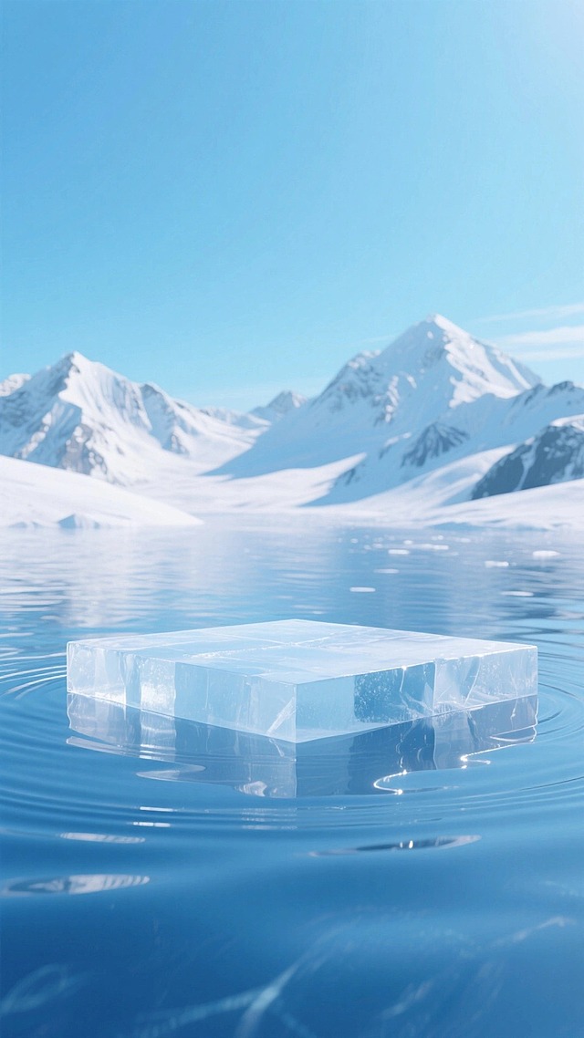 画面中心是水面上的巨大冰面展台，背景是连绵的雪山与蓝天，水面泛起涟漪并形成倒影，整体以蓝白色调为主