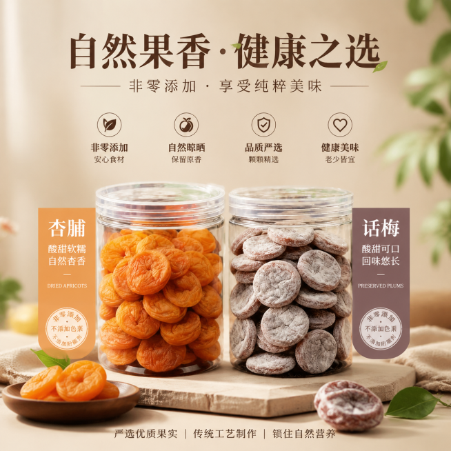 商业营销海报，包含两种蜜饯果脯商品的信息图元素，高质感配色，f/2.8柔和景深，照片写实质感，无畸变，强调非零添加天然健康，整体设计简约高级适合商业营销预览效果