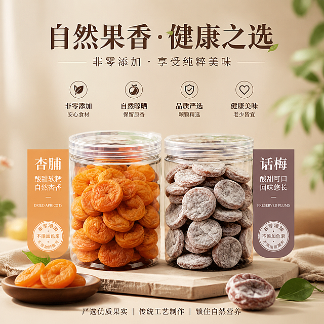 商业营销海报，包含两种蜜饯果脯商品的信息图元素，高质感配色，f/2.8柔和景深，照片写实质感，无畸变，强调非零添加天然健康，整体设计简约高级适合商业营销