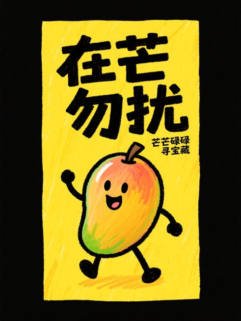 创意水果海报，蜡笔手绘风格，黄色底色搭配肌理感，拟人化芒果带表情动作，粗黑艺术字标题“在芒勿扰”醒目，芒果旁边配小字“芒芒碌碌寻宝藏”搞怪活泼的创意营销风格。预览效果