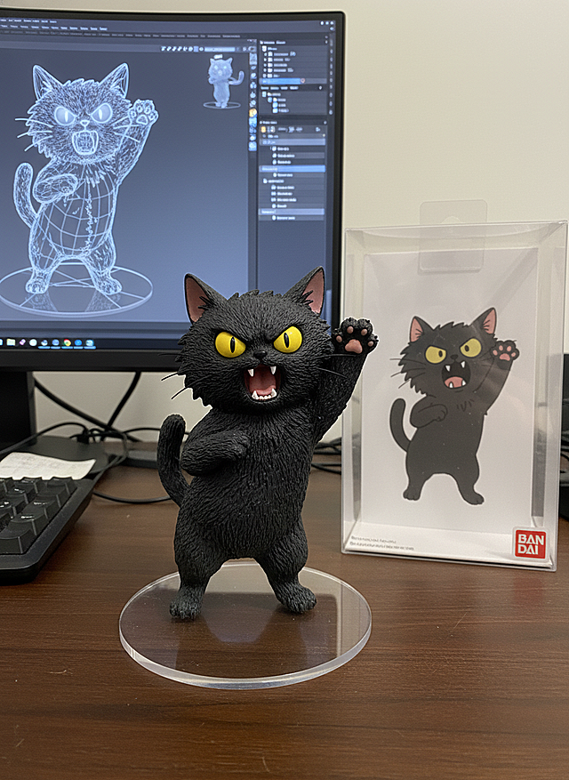 将这个图片制作成一个商业化1/7比例手办，风格写实，环境逼真。手办放置在电脑桌上，配有一个圆形透明亚克力底座，底座上没有文字。电脑屏幕上显示着手办的Zbrush建模过程。电脑屏幕旁边是一个万代风格的透明玩具盒，上面印有原始画作。