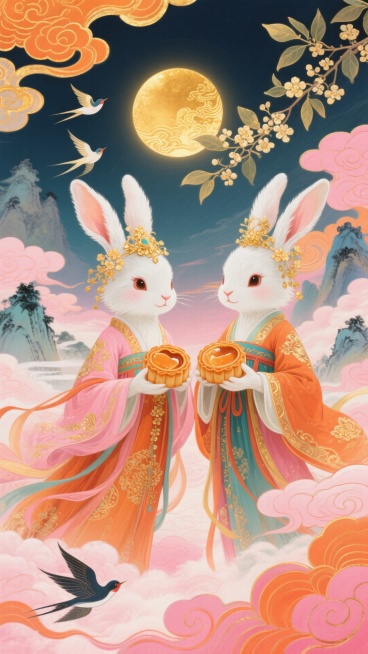 国潮插画风格，主体为2只拟人化玉兔手捧流心月饼，兔耳缀桂花金饰，奢华好看的古风服饰，背景是水墨诗意山水，空中飘橙粉渐变祥云与衔桂叶的飞鸟，一轮鎏金太阳悬于天际，色彩丰富且具梦幻神秘感预览效果