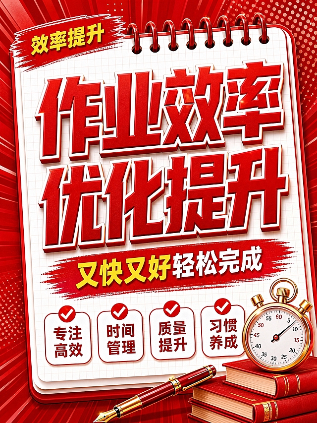 红色立体字风格开学季竖版海报，红色线圈笔记本构图，深红色放射背景。画面比例3:4竖版。背景深红色放射光线+波点装饰。画面主体是白色线圈笔记本，带网格纹理，顶部红色线圈环。左上角红色笔刷标签写着"效率提升"，黄色文字。中央超大号红色立体字主标题分两行：第一行"作业效率"，第二行"优化提升"，带白色描边，视觉冲击力强。下方红色笔刷底纹配白色文字副标题"又快又好轻松完成"，"又快又好"四个字用金黄色突出。底部四个白色圆角对勾框横向排列，红色对勾图标："专注高效""时间管理""质量提升""习惯养成"。右下角装饰：堆叠的红色书本、红色钢笔、秒表计时器。整体红色放射背景，商务大气有冲击力，文案超大醒目。画面中所有信息区域必须填充完整合理的内容，不得出现空白框。