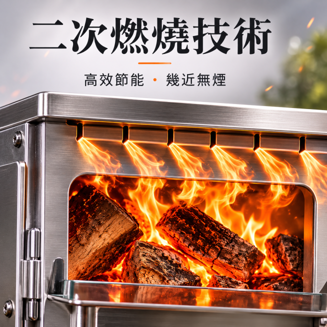 [主圖-2] 不鏽鋼柴火爐二次燃燒技術賣點特寫圖。
[氛圍風格] 專業產品微距攝影，科技質感，突出清潔燃燒優勢；
[畫質] 商業攝影質感、銳度清晰、層次分明、產品細節真實還原。
[元素] 微距鏡頭對準预览效果