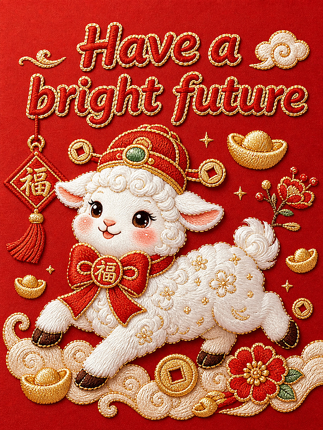 参考图片的刺绣风格，新年国风，红色背景，可爱卡通生肖羊，佩戴财神帽和红色蝴蝶结，点缀金元宝，文字Have a bright future保持刺绣质感，整体喜庆吉祥