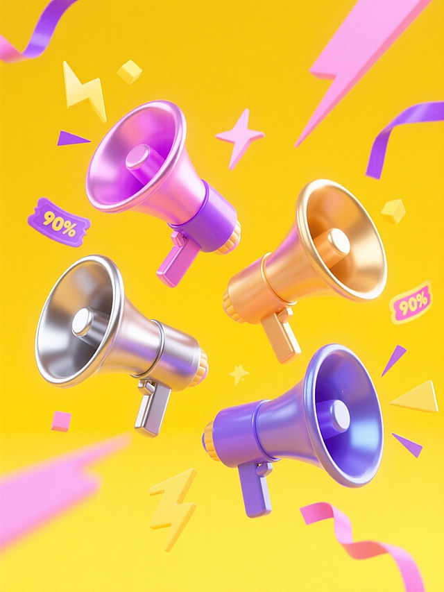 4个不同配色、不同样式、不同材质的喇叭造型，黄色背景，每个喇叭具有金属质感的渐变色彩，高光和阴影细节丰富，表面光滑有光泽，周围点缀着几何形状的闪电、星星、彩带、优惠卷装饰元素，整体构图均衡，营造出欢快、活泼的促销氛围，视觉层级清晰，信息传达高效，符合现代促销海报的设计感