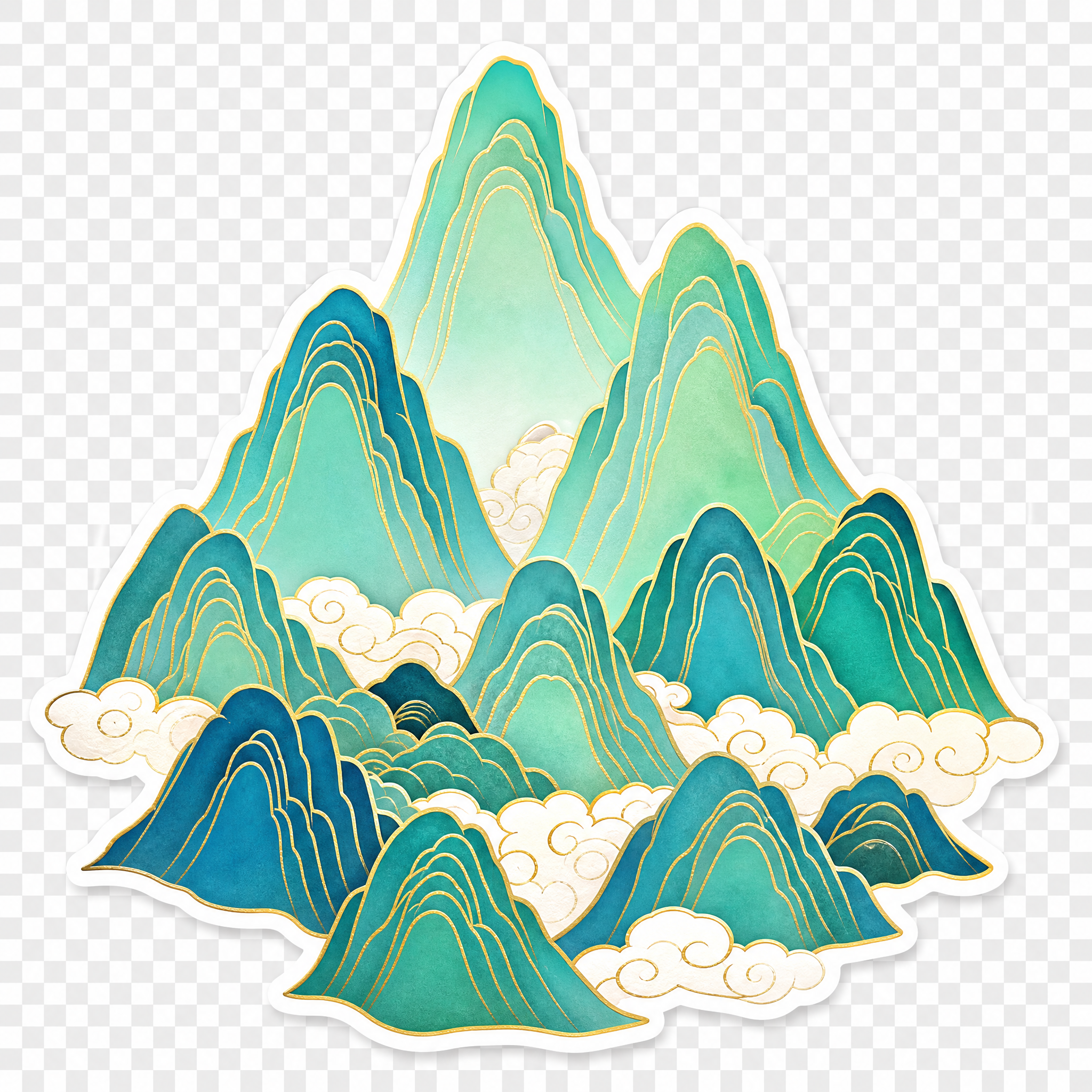 国潮风格青绿色山峰，层叠的山峦造型，山体用金色线条勾勒轮廓和纹… - 图片创意预览
