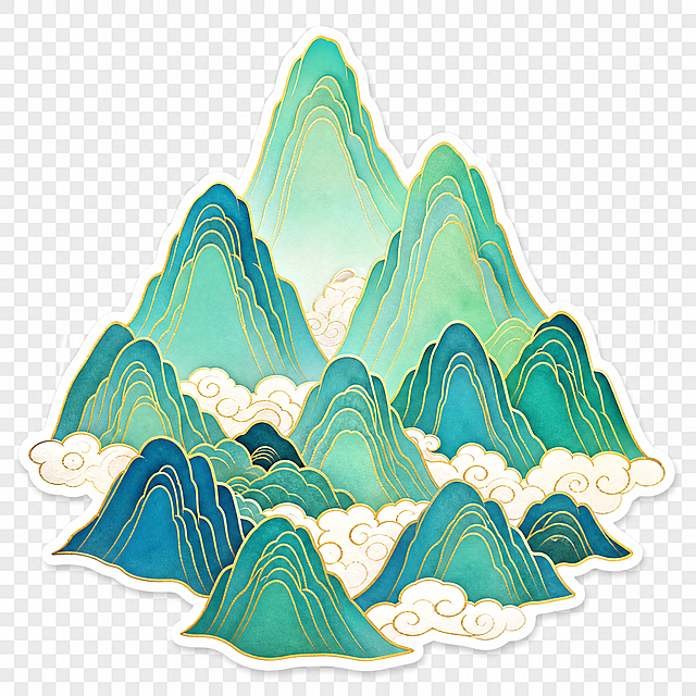 国潮风格青绿色山峰，层叠的山峦造型，山体用金色线条勾勒轮廓和纹理，蓝绿色渐变山体，剪纸贴纸风格，白色外描边，透明背景，高清插画