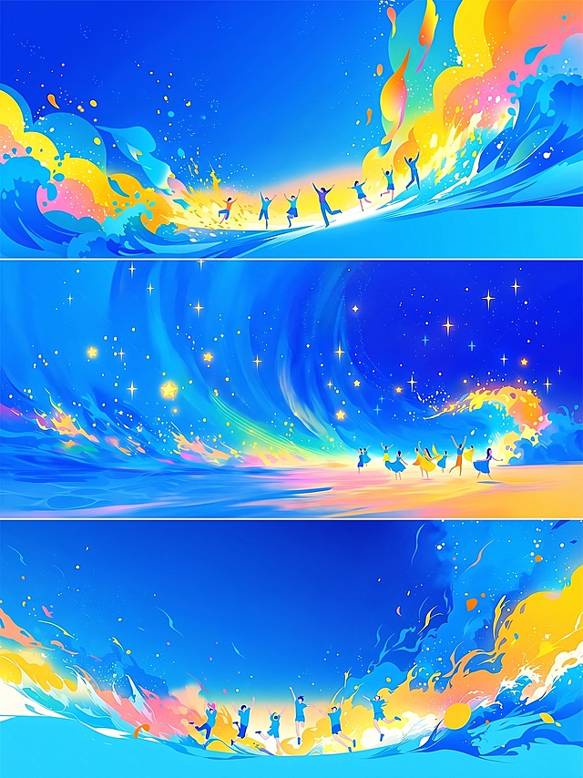 保留原图的毕业季蓝色炫彩喷溅背景和奔跑跳跃的青春人物插画，去除所有文字，保持原图整体风格和构图不变