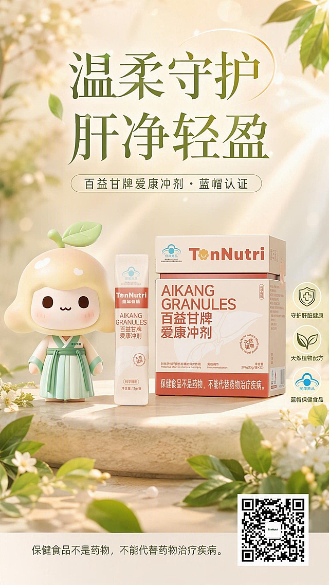 治愈氛围感情绪风保健食品海报，竖版9:16。画面主体为【图3】百益甘牌爱康冲剂产品（盒装+袋装），产品100%还原上传商品图的外形、包装、LOGO、印刷文字、净含量，完整保留盒型、标签版式、品牌TonNutri logo、产品名称、颜色与正面朝向，商品主体占画面约55%。【图1】可爱的柚子IP卡通形象站在产品左侧，温柔陪伴感，IP形象100%保留原图造型、颜色、服饰与可爱表情。整体治愈氛围，柔和暖调，浅米色与淡绿色渐变背景，朦胧柔光，空气中漂浮着淡淡的植物叶片与光斑，营造温和滋养、安心舒缓的情绪感。产品放置在温润的浅色台面上，周围点缀少量天然植物叶片与柔和光晕。画面上方主标题文字："温柔守护 肝净轻盈"，副标题："百益甘牌爱康冲剂 · 蓝帽认证"。画面右侧或下方分布三个卖点标签："守护肝脏健康"、"天然植物配方"、"蓝帽保健食品"。底部小字合规提示："保健食品不是药物，不能代替药物治疗疾病"。右下角放置【图2】二维码，二维码图案保持原图清晰可识别。整体排版精美，文字不遮挡产品主体，色调温暖治愈，光影柔和，高级质感，2K超清。画面中所有信息区域必须填充完整合理的内容，不得出现空白框或占位。
