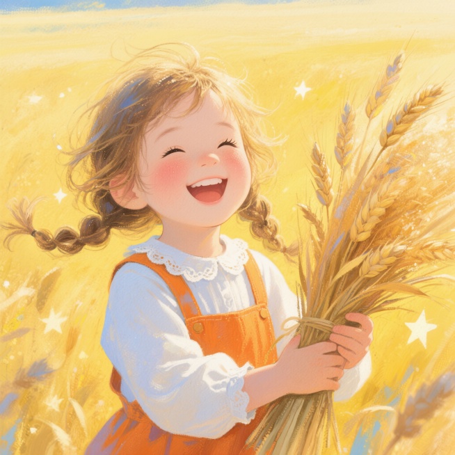 5岁女孩，蓬松金色麻花辫，凌乱头发，睫毛弯弯，大笑，明眸璀璨，花边领白色衬衫，橙色背带裙，举着超大一捆麦子。背景暖黄色调麦田，点缀星星。色彩冷暖对比强烈，边缘发光，大晕染厚涂，浓艳水粉插画，颗粒肌理朦预览效果