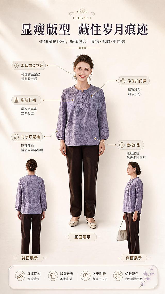 [商品] 使用【图4】正面、【图5】背面、【图6】侧面模特图；商品处理：保留浅紫扎染木耳立领长袖上衣的全部结构和颜色——正面木耳领+珍珠扣+打褶、背面平整衣身、侧面灯笼袖廓形；自然理顺褶皱，增强面料质感，三角度保持同款同色。
[画面] 目标：版型解析页，多角度展示上衣结构卖点。构图：竖版9:16，上方主标题区；中部三图并列（正面主图稍大，背面和侧面小图分列两侧下方），形成三角构图；从各关键部位引出细线标签，标注版型卖点；背景为暖米白浅渐变+柔和投影。
[视觉] 套系策略：风格=优雅知性轻熟妈妈风商业摄影；标题字=衬线粗体（宋体风格）；正文字=简洁无衬线体；主色=浅紫灰+暖米白；背景延展=基于暖米白做深浅层级、同色渐变和细腻纸张质感；强调色=金棕色，仅用于小面积图标、引线、标签和品牌点缀；标题色=深紫灰；正文色=中暖灰；组件=圆角浅底信息卡、细线引线、优雅装饰线；光影=左前侧暖柔光，柔和自然。
[文字] 顶部主标题"显瘦版型 藏住岁月痕迹"；引线标注5处卖点：「木耳花边立领」修饰脖颈线条、「珍珠扣门襟」精致减龄、「胸前打褶」层次感丰富、「九分灯笼袖」遮拜拜肉、「宽松H型」遮肚显瘦；文字横向排版，引线标签清晰。
[规格] 图片比例9:16竖版，4K，避免变形、错字、文字过小、冷蓝背景、衣服颜色改变、版型失真、极限词。