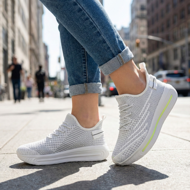 把这双鞋子穿在一个女性脚上，女的穿牛仔裤，背景在城市街头，背景模糊化，天气阳光明媚预览效果