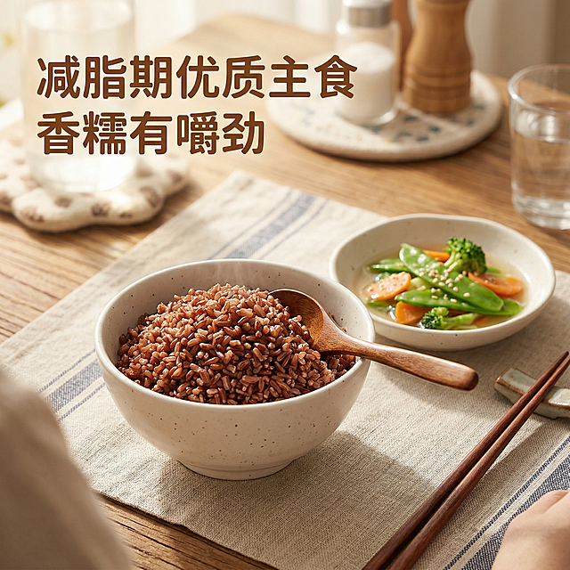 红胚芽糙米食用场景图，第一人称视角展示煮好的糙米饭盛在白瓷碗里，旁边搭配清爽蔬菜，温馨居家餐桌场景，暖光氛围。左上角悬浮文案“减脂期优质主食 香糯有嚼劲”，字体为棕色无衬线体，贴近生活感。