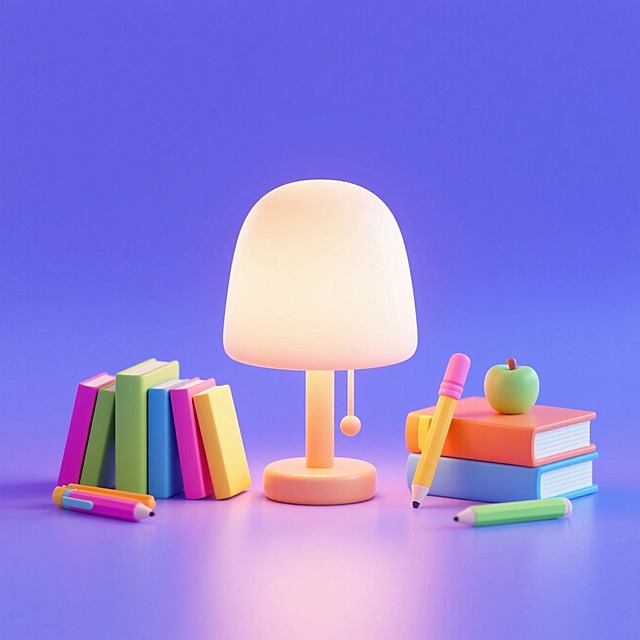 一个台灯，周围有书本、笔等装饰元素，画面撞色，紫色背景