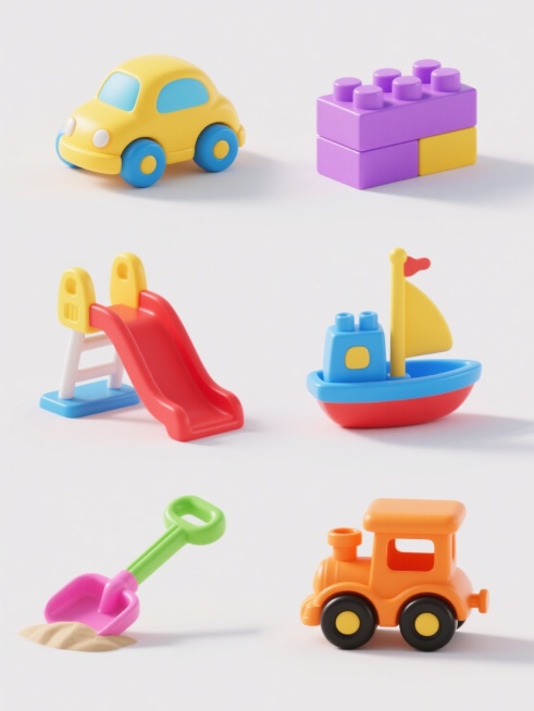 六个不同的儿童塑料玩具，每个玩具都有鲜明的纯色块设计和圆润的边角，采用3D渲染风格，高饱和度色彩，光滑表面质感，清晰的阴影效果，白色纯色背景，六个玩具呈规整的2x3网格排布，从左到右、从上到下分别是：黄色主体带蓝色轮子的卡通小汽车，红色滑梯和蓝色底座的塑料秋千组合，绿色手柄和粉色铲头的沙滩铲，橙色身体黑色轮子的玩具小火车，紫色城堡形状的积木组合，蓝色船身黄色船帆的塑料小船。预览效果