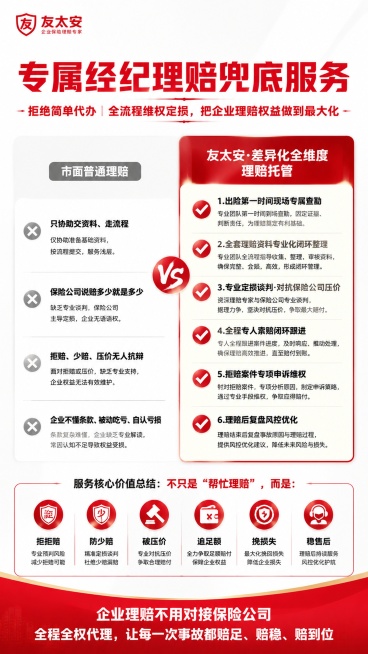 专业商务风格专属经纪人理赔服务宣传海报，竖版9:16，延续品牌红白配色，版式精美。主标题："专属经纪理赔兜底服务"，副标题："拒绝简单代办｜全流程维权定损，把企业理赔权益做到最大化"。分左右对比板块，预览效果
