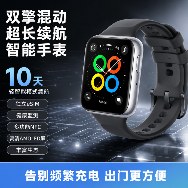 [单张主图] 智能运动手表，爆款促销感主图，同时承载点击理解信任转化，突出核心卖点。
[画面主体] 原智能手表居中倾斜15度摆放，保持原产品外观、物理结构、材质质感、颜色和界面显示完全一致，杜绝任何变预览效果
