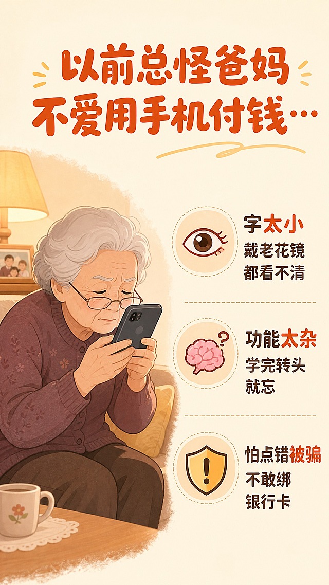 抖音图文第2张痛点引入图，暖色调温馨风，底色暖米白色。左侧放插画风格的长辈形象：一位戴老花镜的老人眯着眼睛、凑很近看手机的生活化场景，扁平插画，柔和暖光。右侧用三个小图标+文字列痛点，从上到下排列。顶部标题文字：「以前总怪爸妈不爱用手机付钱…」，深橙红色圆润粗体大字。三个痛点条目：第一条配眼睛小图标，文字「字太小 戴老花镜都看不清」；第二条配大脑/忘记图标，文字「功能太杂 学完转头就忘」；第三条配盾牌/害怕图标，文字「怕点错被骗 不敢绑银行卡」。痛点文字为深棕色，重点词用深橙红色。整体风格统一柔和，贴近子女给爸妈做攻略的真实感。版式精美，信息层级清晰，文字完整处于安全区内不可裁切。画面比例9:16竖版。
