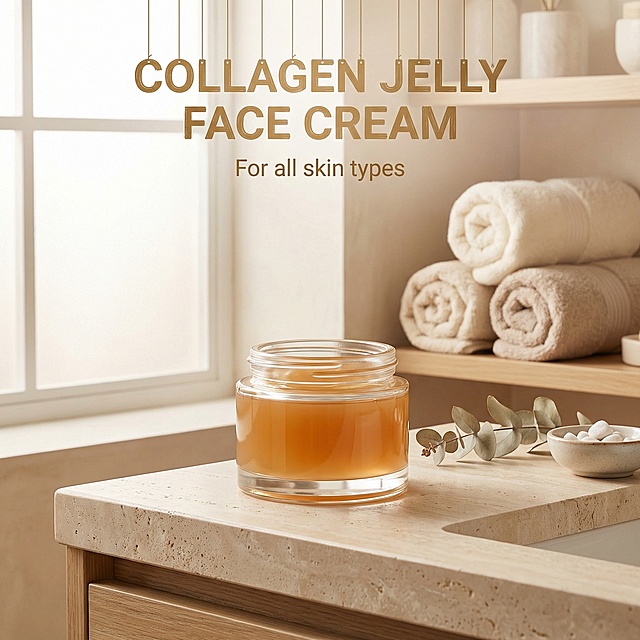 Collagen Jelly Cream main image 5, product packaging display, warm clean bathroom scene, soft natural light through the window, the collagen jelly cream bottle is placed on the light-colored stone countertop, the whole scene is warm and textured, showing a real use scenario. The product appearance must be 100% consistent with the original image. All text is in English, the main title "Collagen Jelly Face Cream" is placed at the top, the subtitle "For all skin types" is below the main title, text is suspended, does not block the product, follow the layout specification. Warm tone, soft light atmosphere, high-end commercial photography style. 2048px resolution