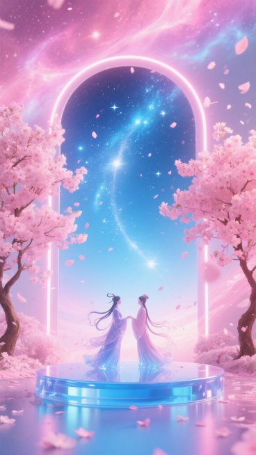 商品背景图，梦幻的蓝色渐变琉璃展台，展台后面是流光的星空，牛郎织女隔着琉璃星空望向对方，两边是粉色的樱花树，花瓣雨飘落，背景是粉色星云，霓虹光效点缀，画面层次分明，整体浪漫氛围浓厚预览效果