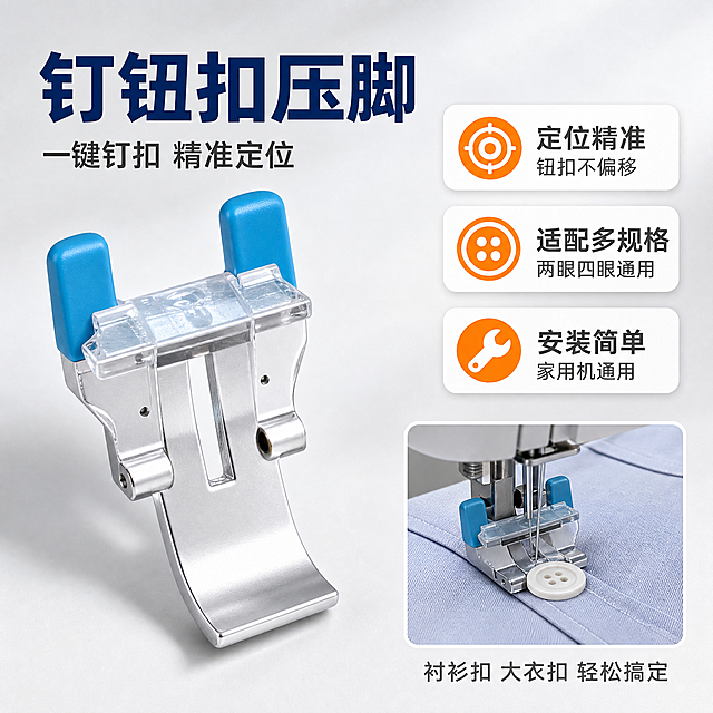 [主图-2] 钉钮扣压脚功能卖点介绍图，展示钉钮扣压脚的核心功能与使用效果。
[统一基调] 浅灰渐变背景，整体风格清爽专业，五金金属质感，主标题用深蓝色粗体字，辅助文字用深灰色，强调色用橙色，字体为无衬线黑体，信息卡片用白色圆角轻阴影。
[画面] 画面左侧主体放大展示钉钮扣压脚（蓝白塑料+金属结构），以45度视角呈现，金属部分反光干净，蓝白塑料部分色彩真实。右侧为功能卖点区域，配有3个功能图标和说明。右下角有一个小型使用场景示意小窗：展示压脚安装在缝纫机上，正在缝制一颗衬衫纽扣的特写场景，布料为浅色衬衫面料，纽扣为白色四孔扣，针脚整齐。
[光影质感] 商业摄影棚拍质感，主光从左上45度打下，产品表面有清晰高光，底部有自然柔和的投影。场景小窗内为真实缝纫操作光线，自然明亮。
[配色] 背景为浅灰到米白的渐变底色，主标题深蓝色，功能图标用橙色+深灰文字，场景小窗有白色细边框。
[文字版式] 顶部左侧大标题："钉钮扣压脚"，下方副标题："一键钉扣 精准定位"。右侧三条卖点竖排：1."定位精准 钮扣不偏移" 2."适配多规格 两眼四眼通用" 3."安装简单 家用机通用"。每条卖点前有橙色小圆点图标。右下角场景小窗下方标注："衬衫扣 大衣扣 轻松搞定"。文字均为横排，清晰可读。
[输出要求] 1:1正方形800*800比例，产品清晰锐利，文字清晰可读，金属质感真实。禁止变形、错字、模糊、杂乱背景、水印、平台Logo。