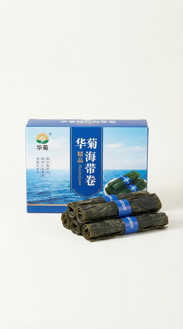 [主图主题] 华菊精品海带卷产品主图
[氛围/风格] 干净简约食品电商风，突出干货质感
[画面元素] 华菊精品海带卷包装盒搭配几卷散装海带卷摆放在浅色干净背景上，保留产品原有包装文字信息，不添加额外核预览效果