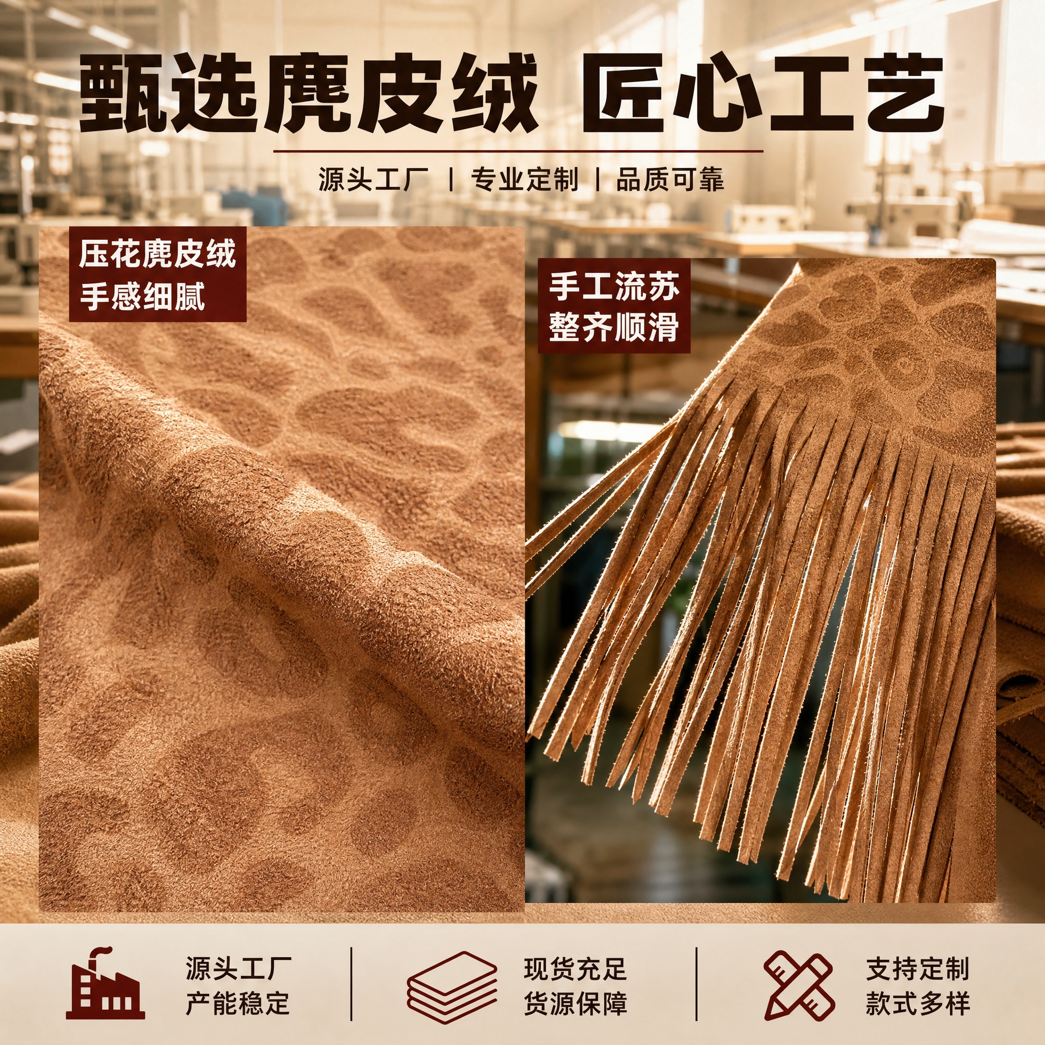 [主图-4] 浅驼色豹纹压花流苏腰裙（斜角款） 材质细节与工厂… - 图片创意预览