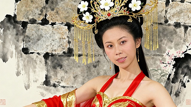 把图中女子改为86 版《西游记》电视剧风格，杏仙，身穿红金配色唐风舞衣，头戴镶嵌白色花朵与金色流苏的华丽头饰，背景为水墨画风格的石墙，柔光打光，古典雅致，复古胶片色彩，细腻妆容，80 年代影视剧质感。