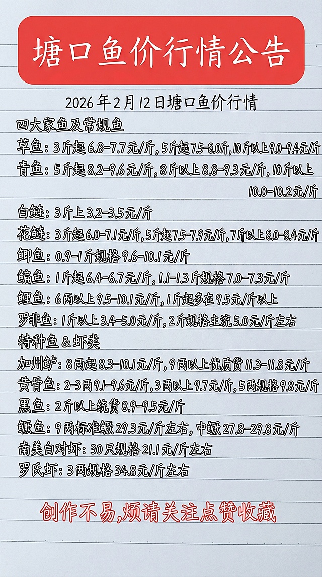 「图片1」2026 年 2 月 12 日塘口鱼价行情四大家鱼及常规鱼草鱼：3 斤起 6.8-7.7 元 / 斤，5 斤起 7.5-8.0 元 / 斤，10 斤以上 9.0-9.4 元 / 斤青鱼：5 斤起 8.2-9.6 元 / 斤，8 斤以上 8.8-9.3 元 / 斤，10 斤以上 10.0-10.2 元 / 斤白鲢：3 斤上 3.2-3.5 元 / 斤花鲢：3 斤起 6.0-7.1 元 / 斤，5 斤起 7.5-7.9 元 / 斤，7 斤以上 8.0-8.4 元 / 斤鲫鱼：0.9-1 斤规格 9.6-10.1 元 / 斤鳊鱼：1 斤起 6.4-6.7 元 / 斤，1.1-1.3 斤规格 7.0-7.3 元 / 斤鲤鱼：6 两以上 9.5-10.1 元 / 斤，1 斤起多在 9.5 元 / 斤以上罗非鱼：1 斤以上 3.4-5.0 元 / 斤，2 斤规格主流 5.0 元 / 斤左右特种鱼 & 虾类加州鲈：8 两起 8.3-10.1 元 / 斤，9 两以上优质货 11.3-11.8 元 / 斤黄骨鱼：2-3 两 9.1-9.6 元 / 斤，3 两以上 9.7 元 / 斤，5 两规格 9.8 元 / 斤黑鱼：2 斤以上统货 8.9-9.5 元 / 斤鳜鱼：9 两标准鳜 29.3 元 / 斤左右，中鳜 27.8-29.8 元 / 斤南美白对虾：30 只规格 21.1 元 / 斤左右罗氏虾：3 两规格 34.8 元 / 斤左右 创作不易,烦请关注点赞收藏参照图片字体和颜色，用上面内容替换生成新的内容，要求排版布局合理，一字不差。