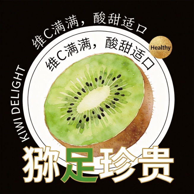 异形卡片，整体为椭圆形猕猴桃切片轮廓，白色底色+清晰白色粗描边，纯黑背景。主体是褐皮绿肉的猕猴桃（半颗切开露出翠绿果肉与黑色籽点），水彩肌理清新自然。文字全部环绕在水果外围排版：主标题"猕足珍贵"（简预览效果