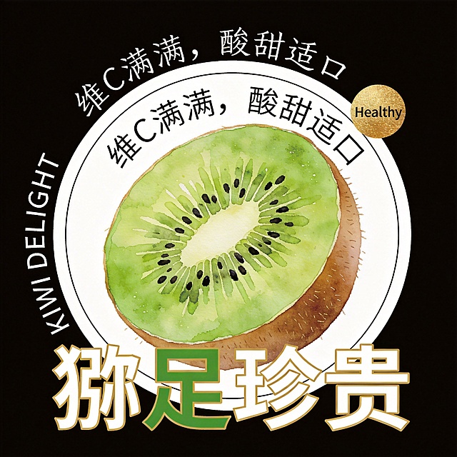 异形卡片，整体为椭圆形猕猴桃切片轮廓，白色底色+清晰白色粗描边，纯黑背景。主体是褐皮绿肉的猕猴桃（半颗切开露出翠绿果肉与黑色籽点），水彩肌理清新自然。文字全部环绕在水果外围排版：主标题"猕足珍贵"（简约无衬线体，猕猴桃绿+浅金描边），小字标语"维C满满，酸甜适口"（手写体）沿顶部弧形排列，右上角加烫金圆形小标"Healthy"，英文"KIWI DELIGHT"置于左侧边缘。文字不遮挡主体，排版清新高级。