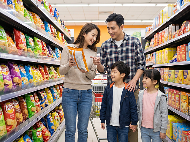 温馨四口之家逛超市实拍，父母带着两个孩子在零食区挑选商品，一家人面带微笑互动亲密，真实自然日常风格，写实摄影，明亮环境
