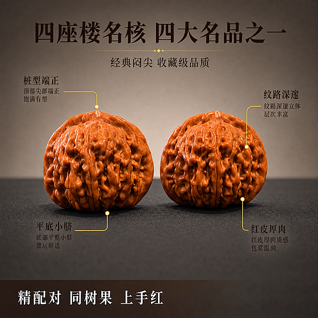 [主图-2] 四座楼文玩核桃核心亮点标注图 结构导图。
[氛围风格] 中式专业文玩鉴赏风 沉稳雅致 细节专业；
[画质] 商业摄影质感 光线通透 核桃纹理清晰 包浆质感真实 画面干净高级。
[元素] 一对四座楼文玩核桃居中放大展示 核桃红润饱满 纹路深邃立体 皮质细腻有包浆光泽 放置在黑色哑光绒布垫上 背景为深灰棕色渐变 简洁不抢主体。保持核桃外观（即物理结构 材质质感 颜色 纹路形态）与输入产品图保持绝对一致 杜绝任何变形和色差 精细化处理 商品主体占比约70% 画面满屏无边框。以核桃为中心 用细金色引线从不同部位引出标注 分别指向：顶部尖部标注「桩型端正」 侧面纹路标注「纹路深邃」 底部脐部标注「平底小脐」 整体皮质标注「红皮厚肉」 引线末端有金色小圆点定位 精致不杂乱。
[光影] 顶部柔光箱主光 两侧辅光补亮 核桃纹路凹凸处有明显明暗对比 包浆表面有温润高光 底部有柔和投影 整体光比舒适 高级质感。
[配色] 主色深灰棕 辅色核桃红棕 强调色暗金。
[视角构图] 平视微俯视角 核桃居中为视觉中心 四周留白放置引线标注 景深中等 轮廓完整不裁切。
[文字版式] 顶部居中主标题“四座楼名核 四大名品之一” 深棕色粗宋体大号字 下方小字“经典闷尖 收藏级品质”。四周引线标注文字为深棕色宋体 每处标注2行 上为卖点名称 下为简短说明 文字清晰不压主体。底部半透明深棕条带内左对齐“精配对 同树果 上手红” 白字宋体。
[输出要求] 1:1比例 文字清晰锐利 画面超高清商业摄影质感。
[负向提示词] 变形 文字错乱 产品图模糊 背景杂乱 水印 电商平台Logo 多余手指 手部扭曲。
