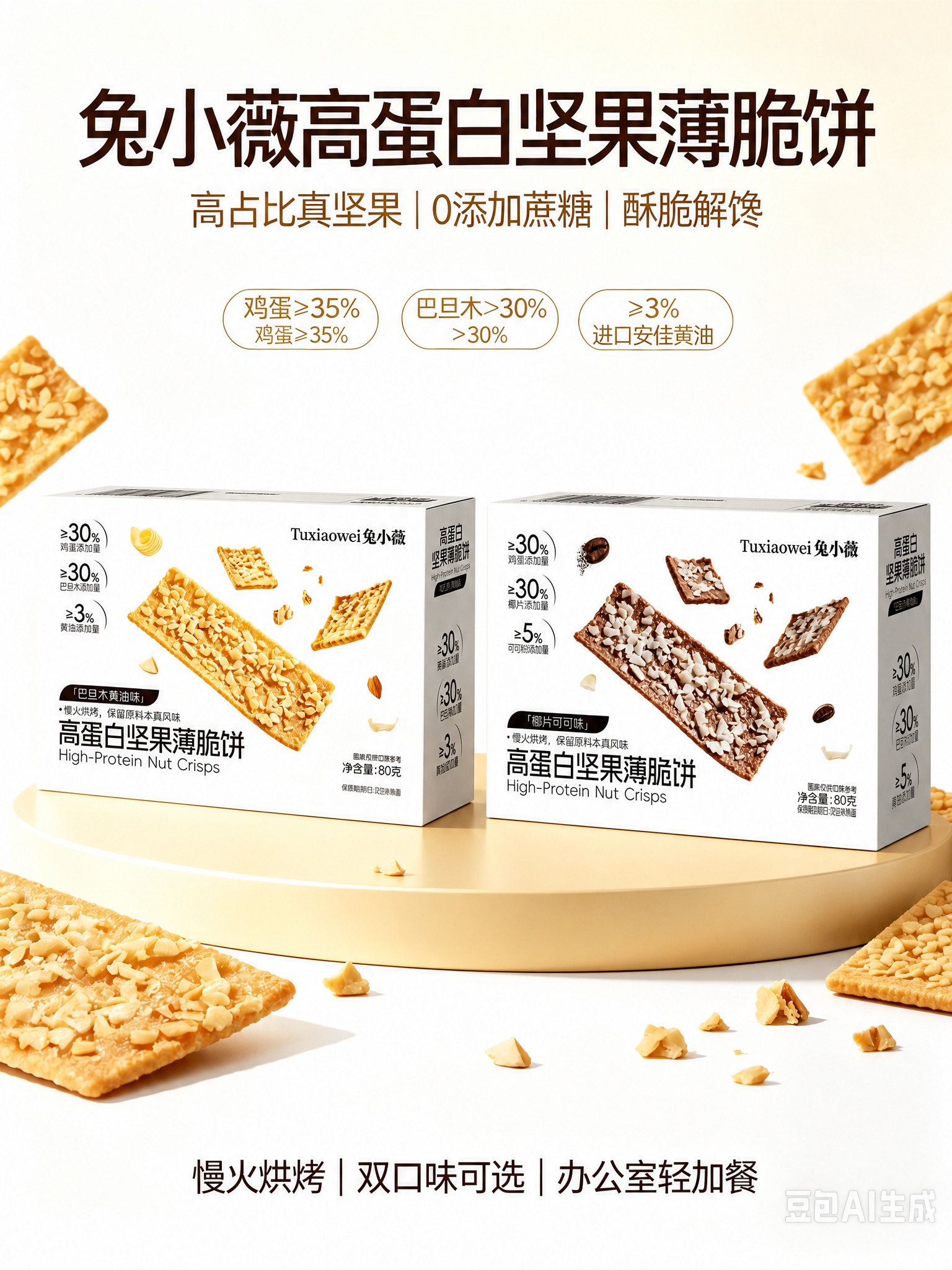 基于图2的海报构图和风格，将图1中的椰片可可味高蛋白坚果薄脆饼… - 图片创意预览