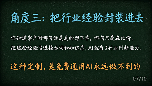 黑板风格PPT第7页，深墨绿色#1A2B22背景，四周轻微暗角，表面散落极淡粉笔灰斑点。顶部青蓝色粉笔字标题「角度三：把行业经验封装进去」，40pt大小。中部左对齐两行白色粉笔字：第一行「你知道客户问哪句话是真的想下单，哪句只是在比价。」第二行「把这些经验写进提示词和知识库，AI就有了行业判断能力。」26pt大小。底部橙色粉笔大字结论「这种定制，是免费通用AI永远做不到的」，26pt大小。右下角灰色粉笔小字页码「07/10」。整体粉笔书写质感，横屏16:9，1920x1080像素。文字清晰可读。