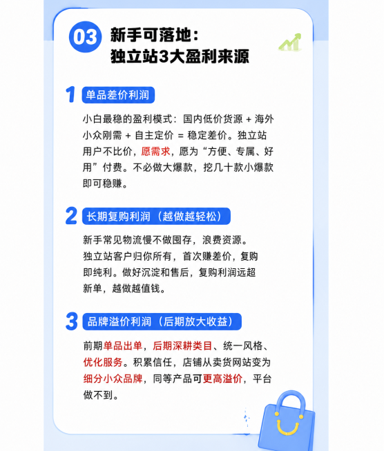 单独提取出图片中的03页（新手可落地：独立站3大盈利来源这一页），保留内容、风格和尺寸不变预览效果
