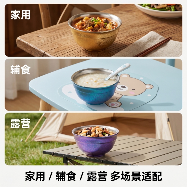 [主图 4] 纯钛碗多场景使用展示三格宫格主图。[氛围风格] 温馨清新电商场景图风格，生活化真实感。[画质] 高清8K摄影质感，每个场景清晰自然，整体风格统一。[元素] 画面分为三等分横向三格场景，第预览效果