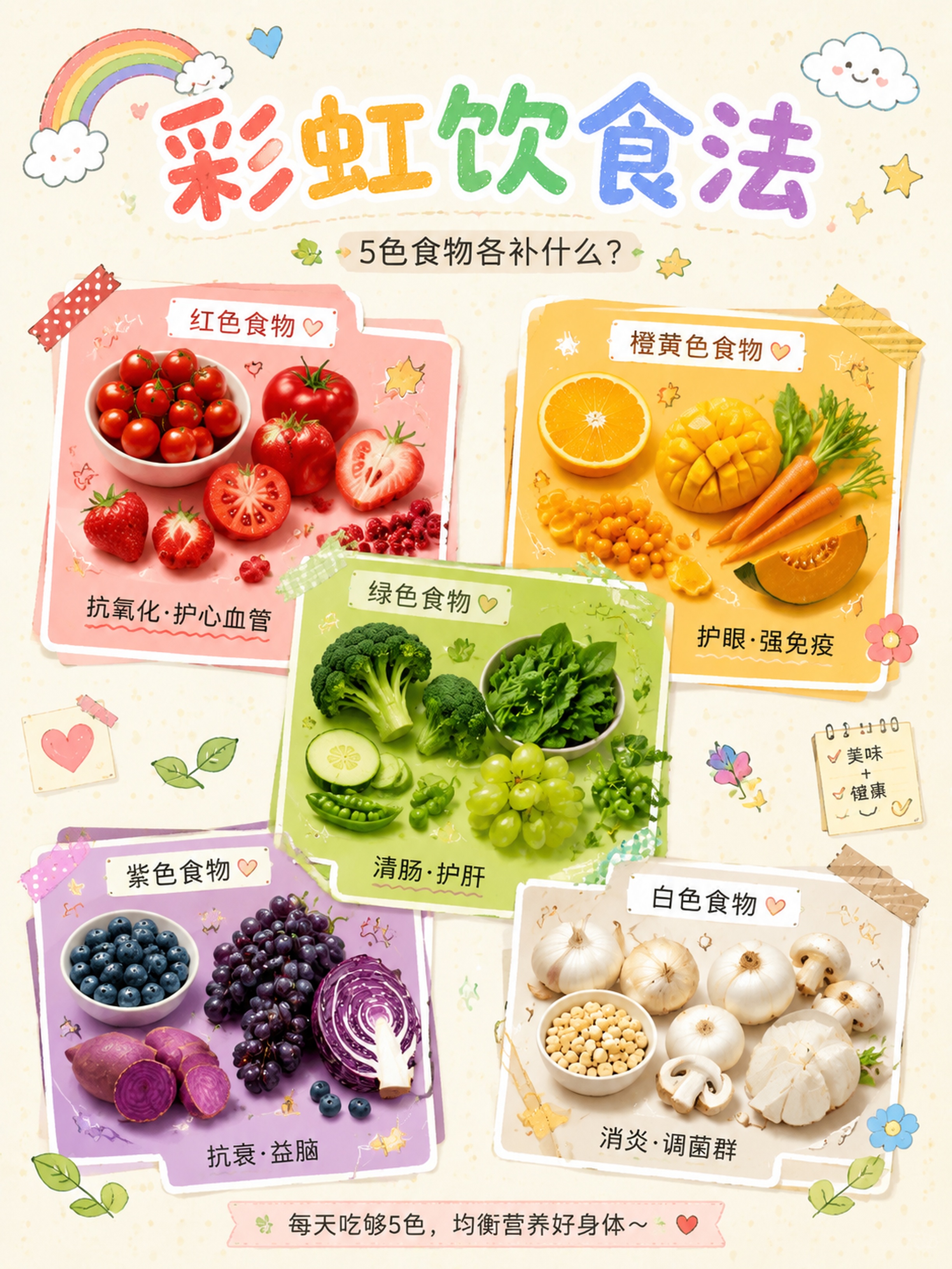 小红书健康饮食科普图，彩虹饮食法主题，换一种全新的手账拼贴风格… - 图片创意预览